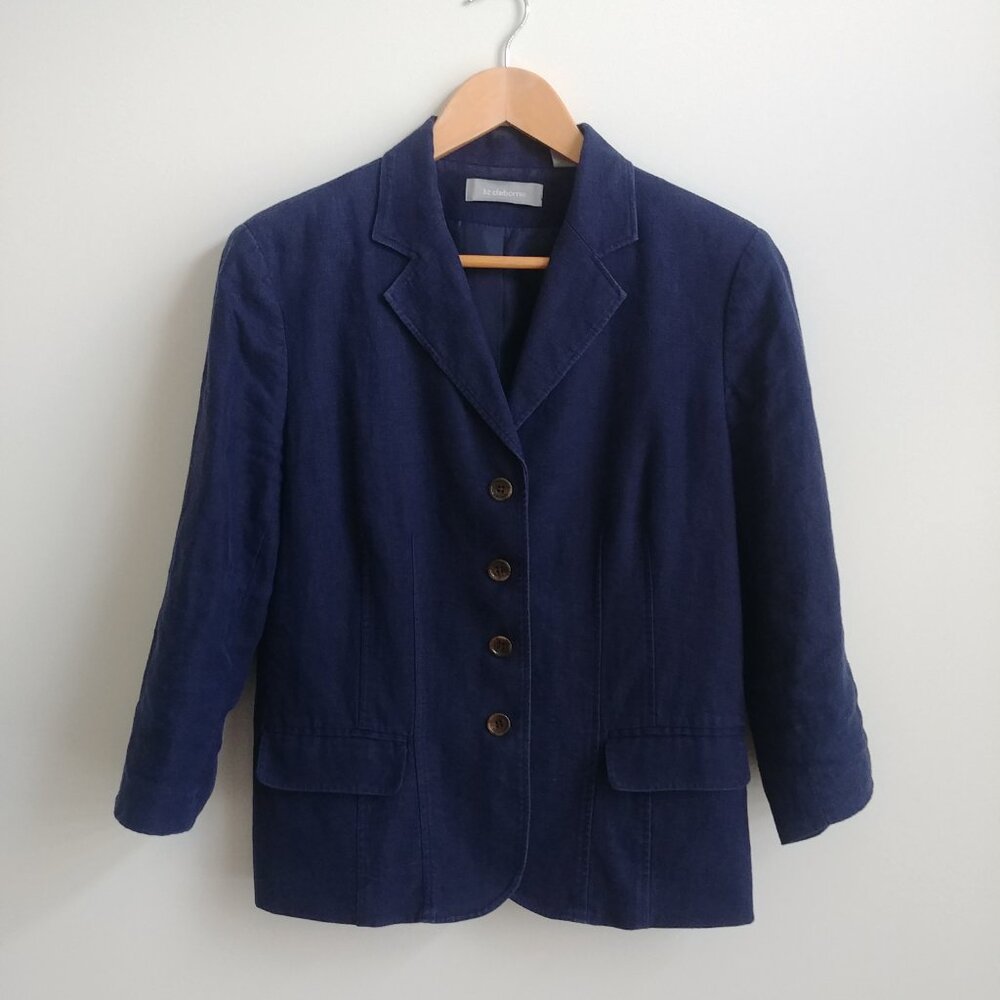 Liz Claiborne 100% linen lined blue blazer jacket 10 cropped bracelet sleeve